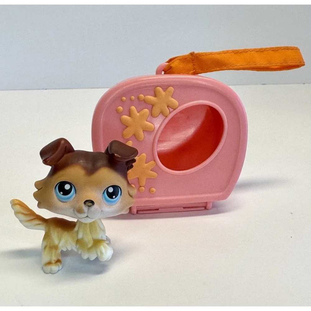 Littlest Pet‎ Shop LPS #58 Collie Sage Brown Paw-Up Portable Pets Pink Carrier
